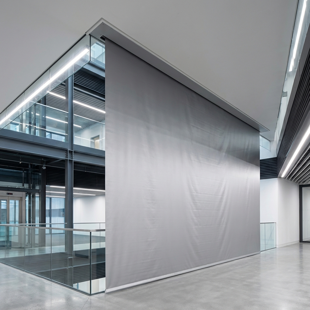 FUEGUARD fire curtain deployed in commercial atrium